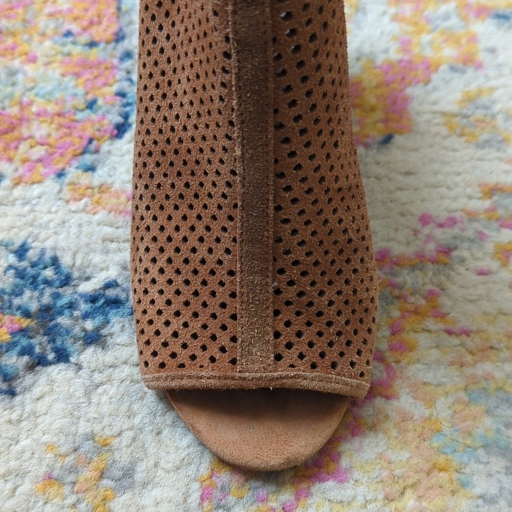 Tory Burch Jessie Perforated Suede Leather Peep Toe High Heel Booties Brown 6.5 - Picture 11 of 16